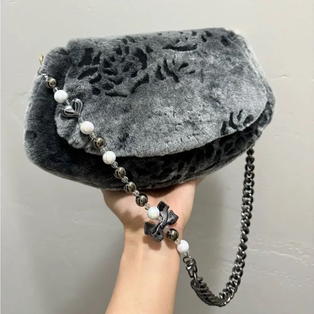 Gray Gradient Handmade Real Shearling Rose Embossed Shoulder Bag/Crossbody Bag